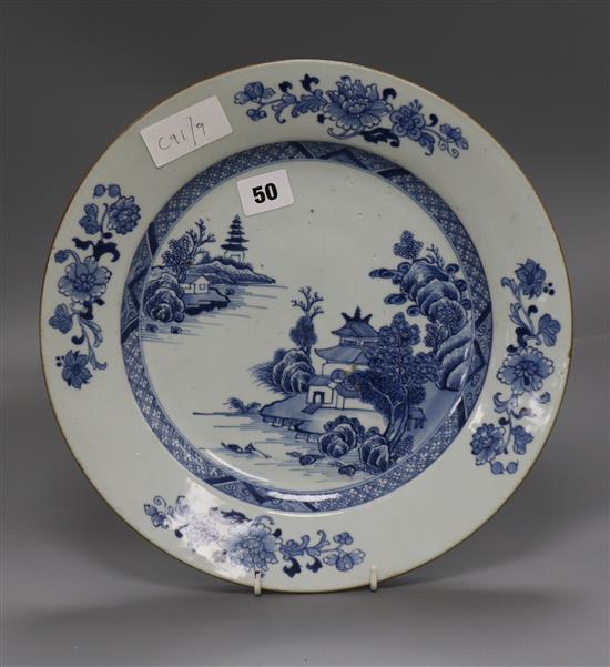 A Chinese export blue and white dish, Qianlong period 32cm diameter